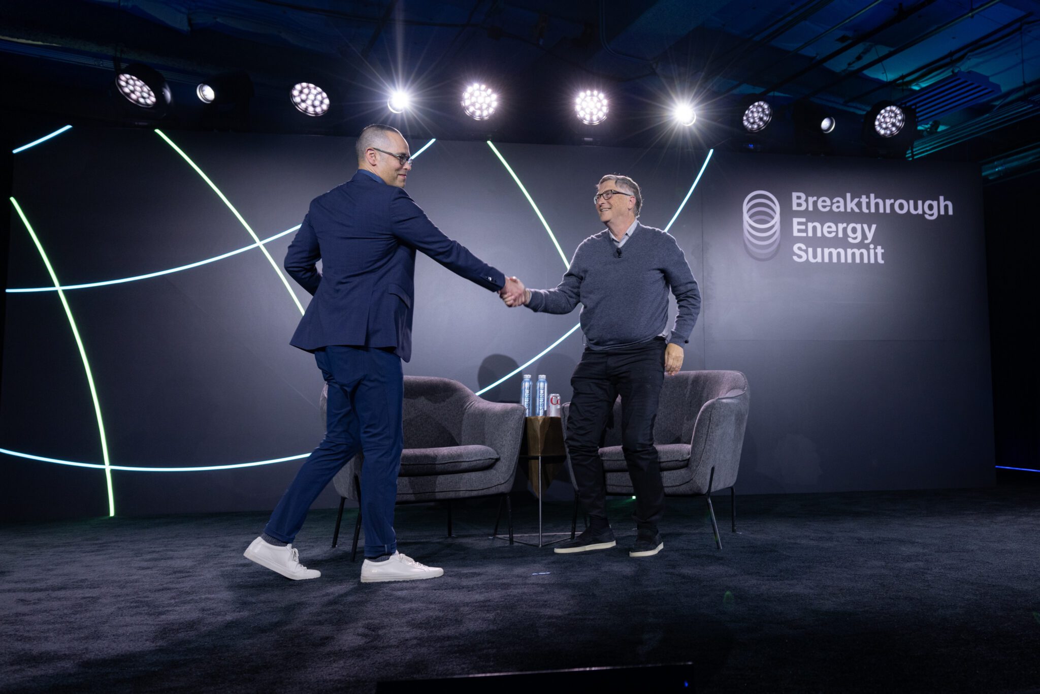 Bill Gates and Breakthrough Energy Executive Director Rodi Guidero on stage at the Breakthrough Energy Summit