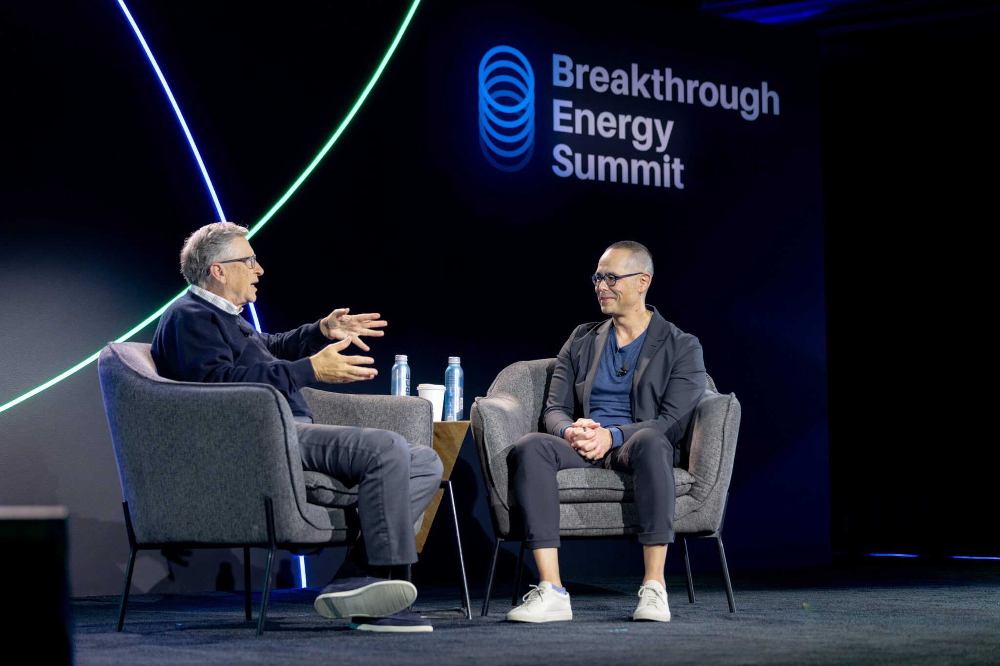 Breakthrough Energy Founder Bill Gates and Executive Director Rodi Guidero on stage at the Breakthrough Energy Summit