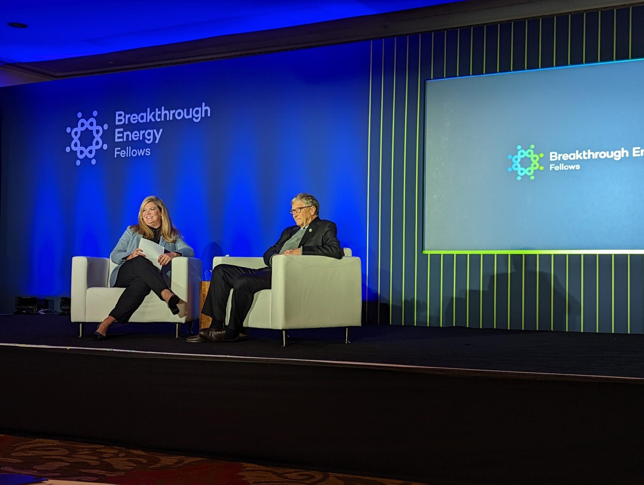 Breakthrough Energy Founder, Bill Gates and Ashley Grosh, Vice President of the Fellows program on stage at Welcome Week.