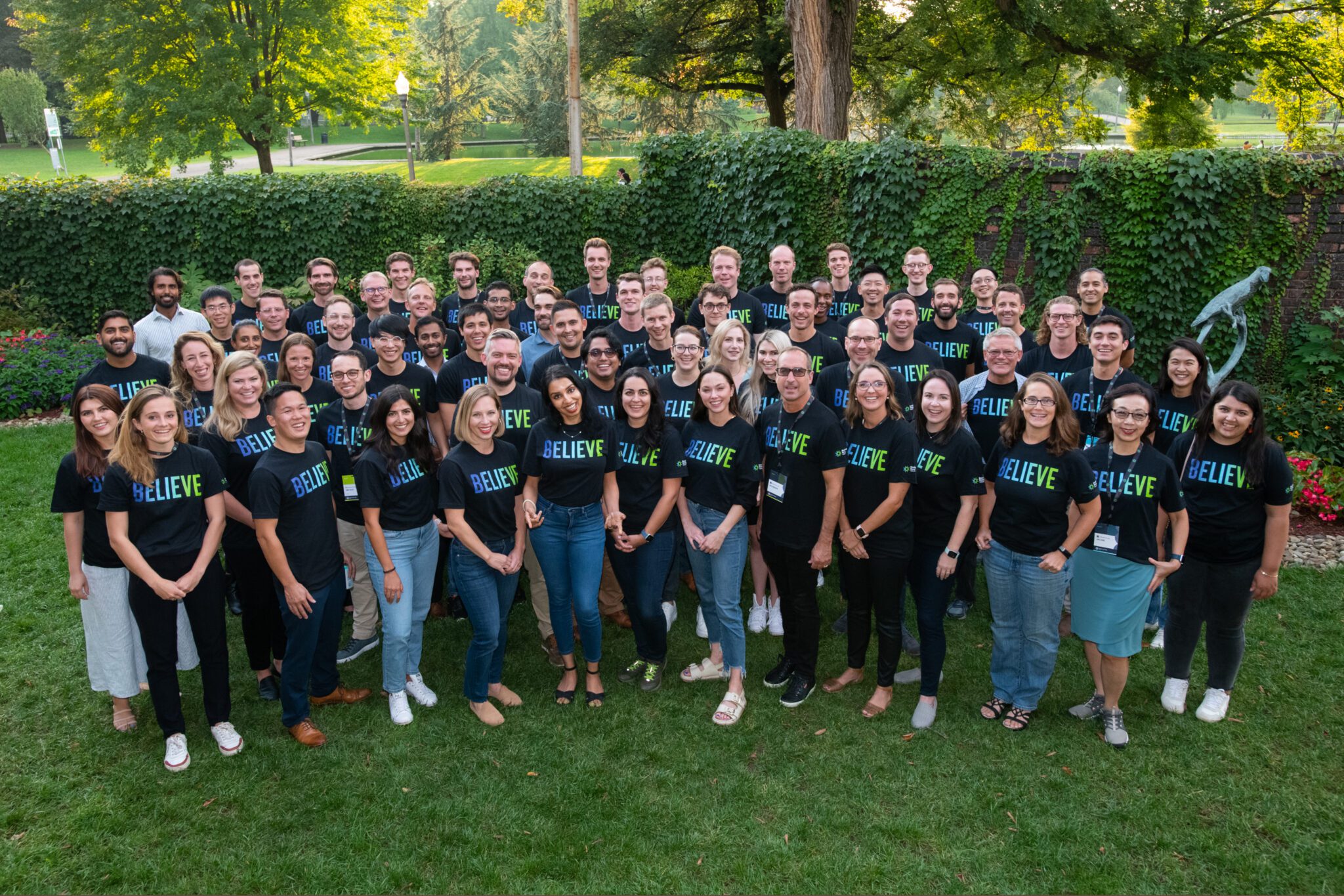 Photo of Fellows at Welcome Week wearing t-shirts that say "Believe" 