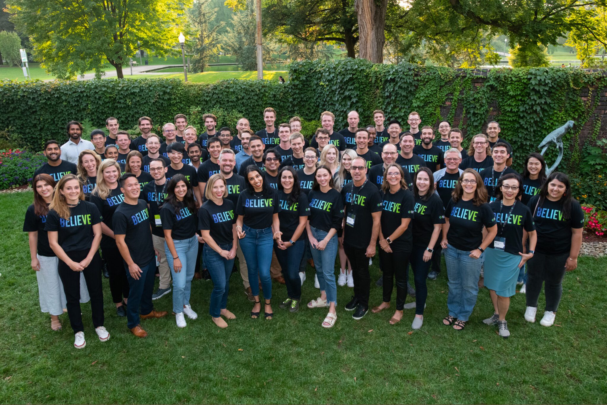 Photo of Fellows at Welcome Week wearing t-shirts that say 