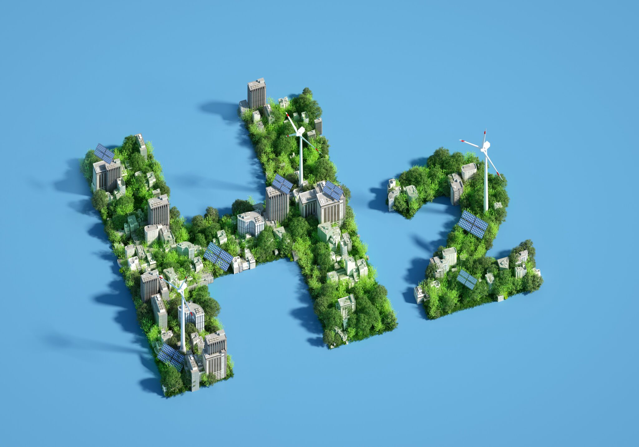 Digital generated image of H2 hydrogen icon made out of green sustainable city with wind turbines and solar panels on blue background.