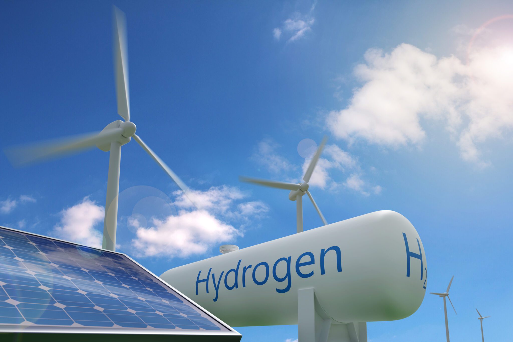 Hydrogen tank, solar panel and windmills on blue sky background. Sustainable and ecological energy concept. 3d illustration.