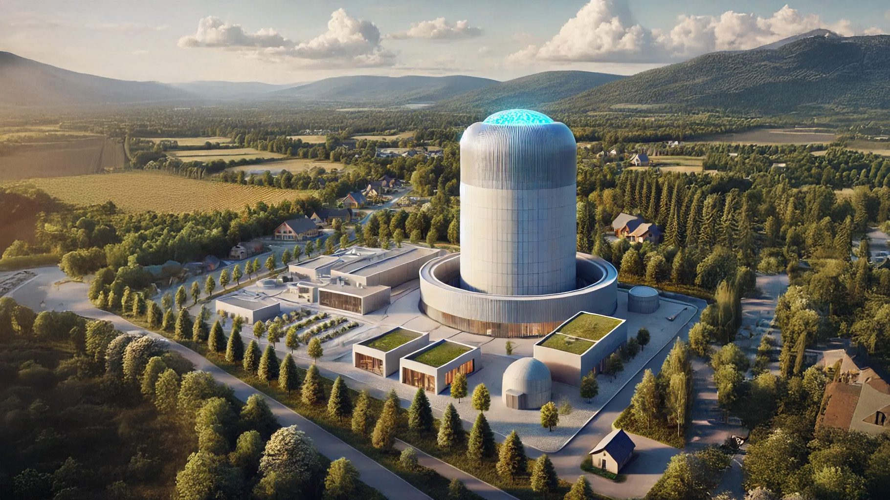 A view of a single advanced nuclear reactor located in a remote town or rural area. The reactor is a modern, cylindrical structure with clean lines